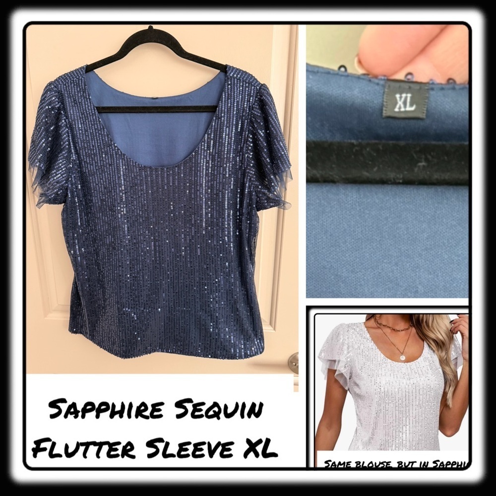 Sapphire Sequin SPARKLY Party Top XL Flutter Sleeve Scoop Neck